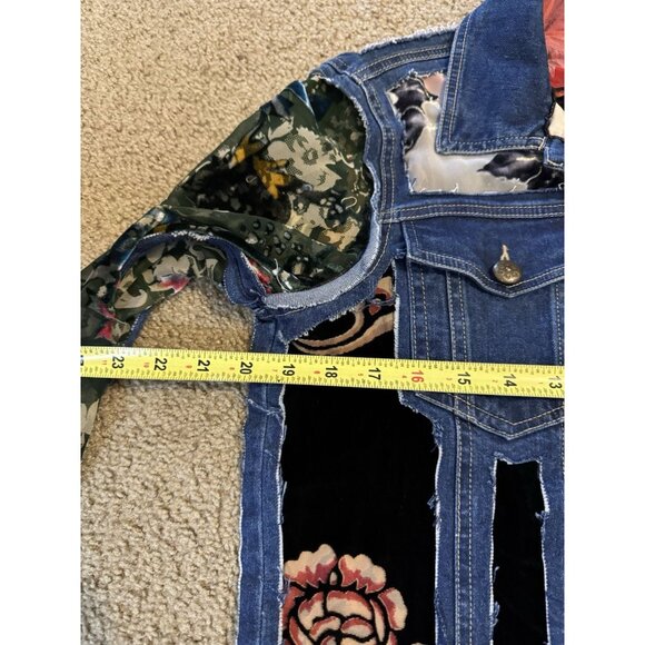 JOHN MARK Velvet Burnout Cut Out Patchwork Sheer Denim Jacket Boho Goth Fairy S - Picture 10 of 11